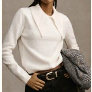 English Factory Anthropologie Cream Collared Pullover Sweater Wide Collar XS
